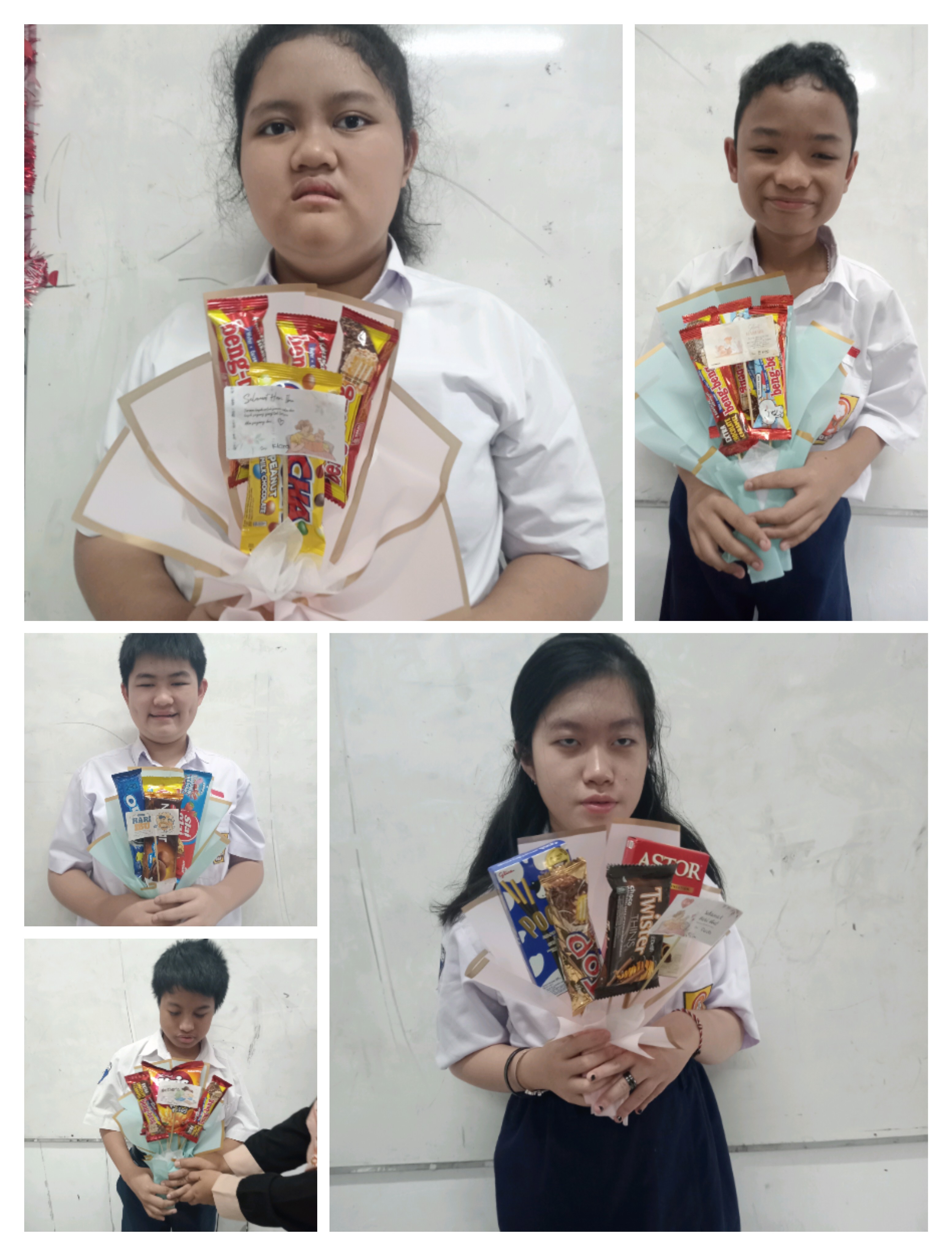 <p>Siswa menyusun isian buket dari makanan ringan...