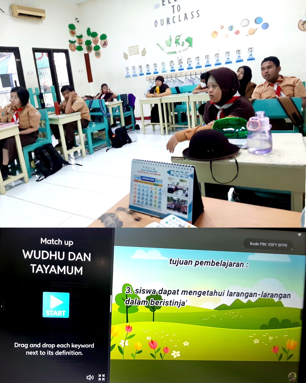 <p>siswa mempelajari materi dan teori taharah wudh...