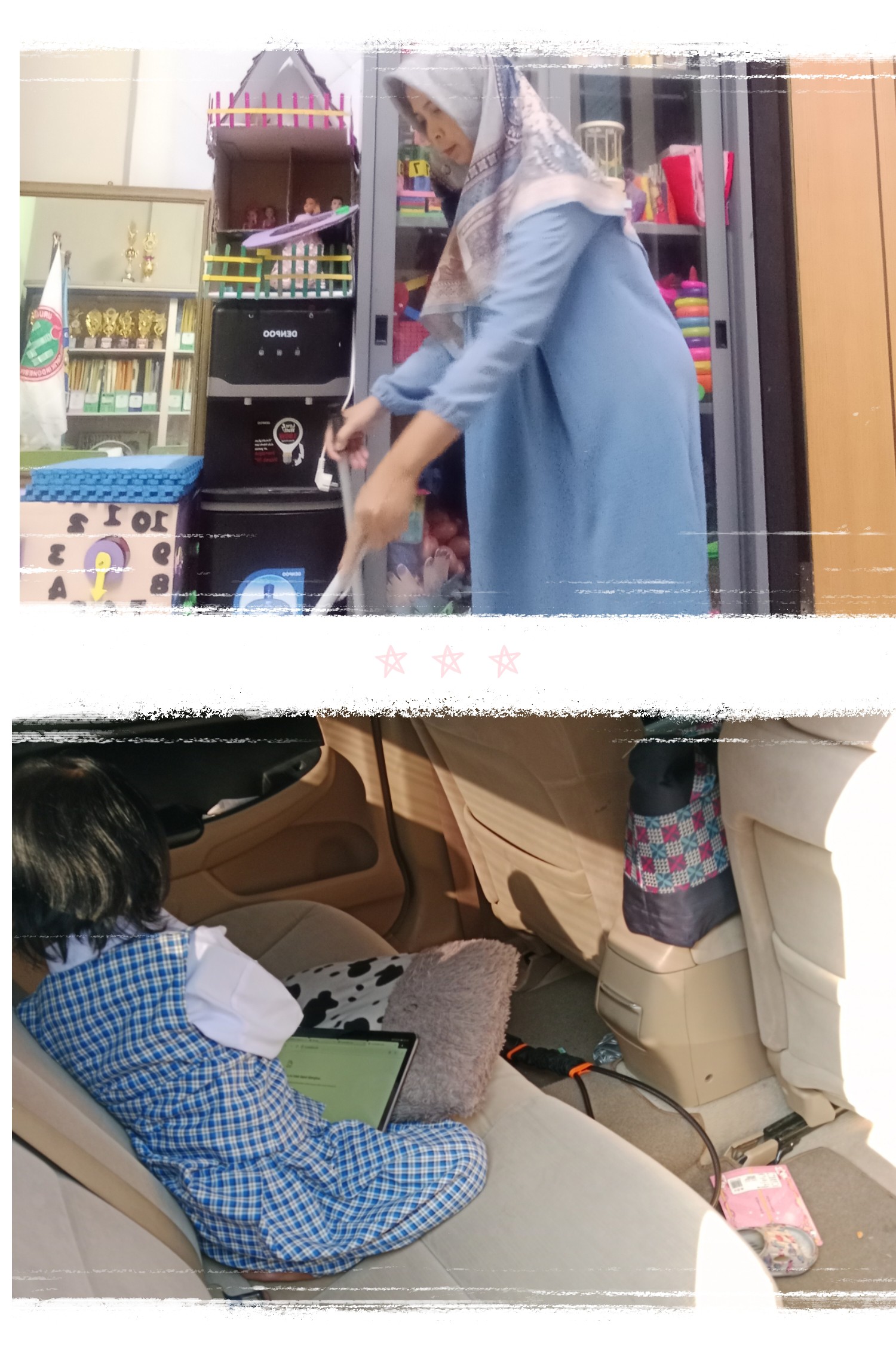 <p>Membersihkan tiap ruangan kelas termasuk kantor...