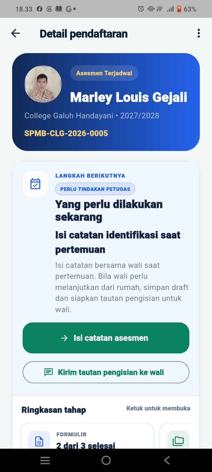 <p>Melanjutkan proses SPMB Online a.n Marley Louis...