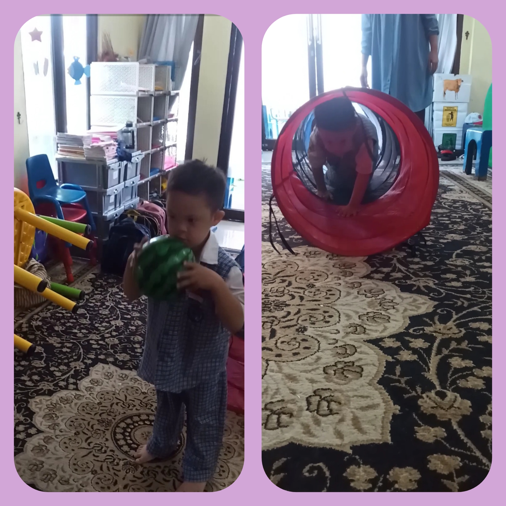 <p>Masuk ke dalam terowongan dan lempar tangkap bola</p>