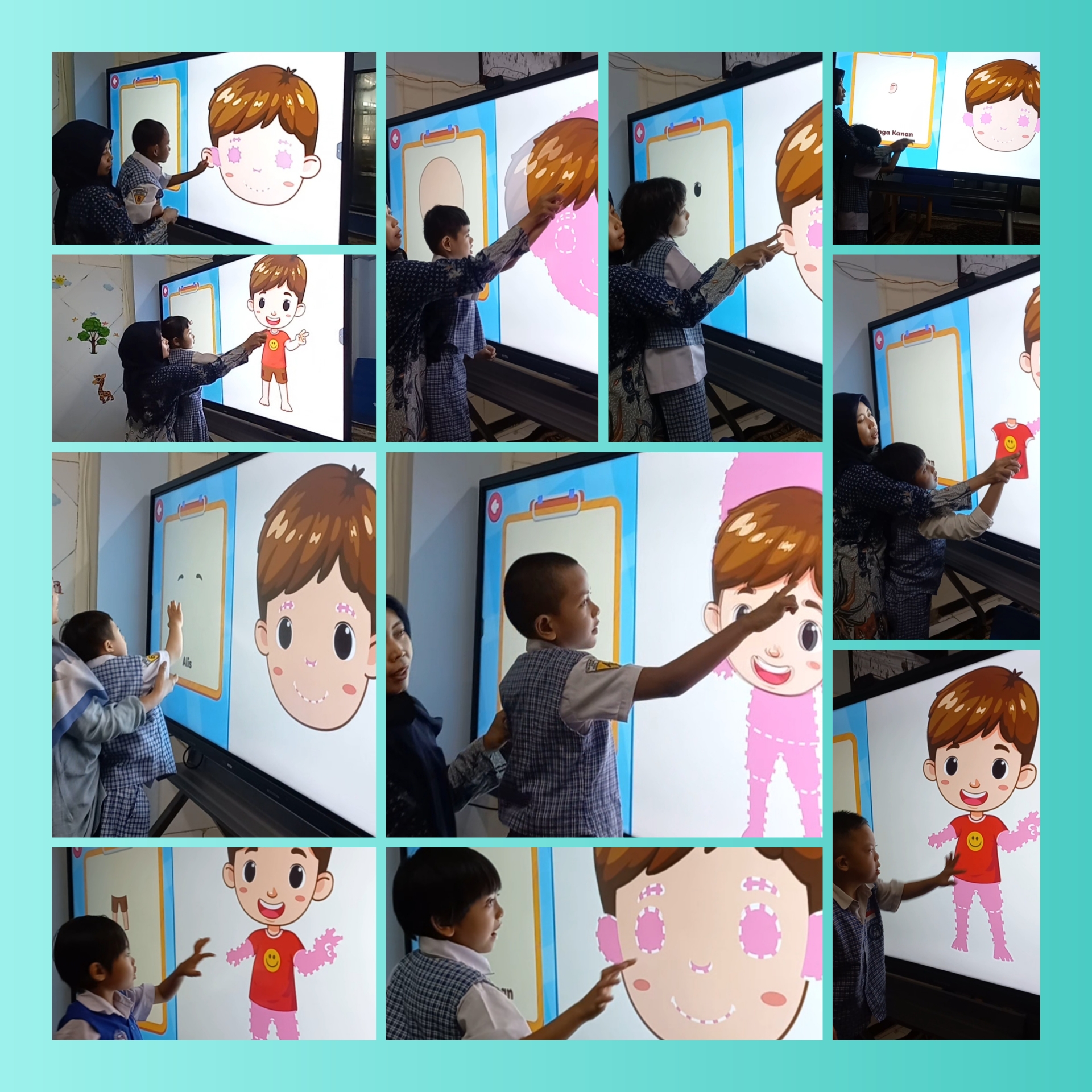 <p>Memasangkan anggota tubuh dengan menggunakan media smartboard</p>