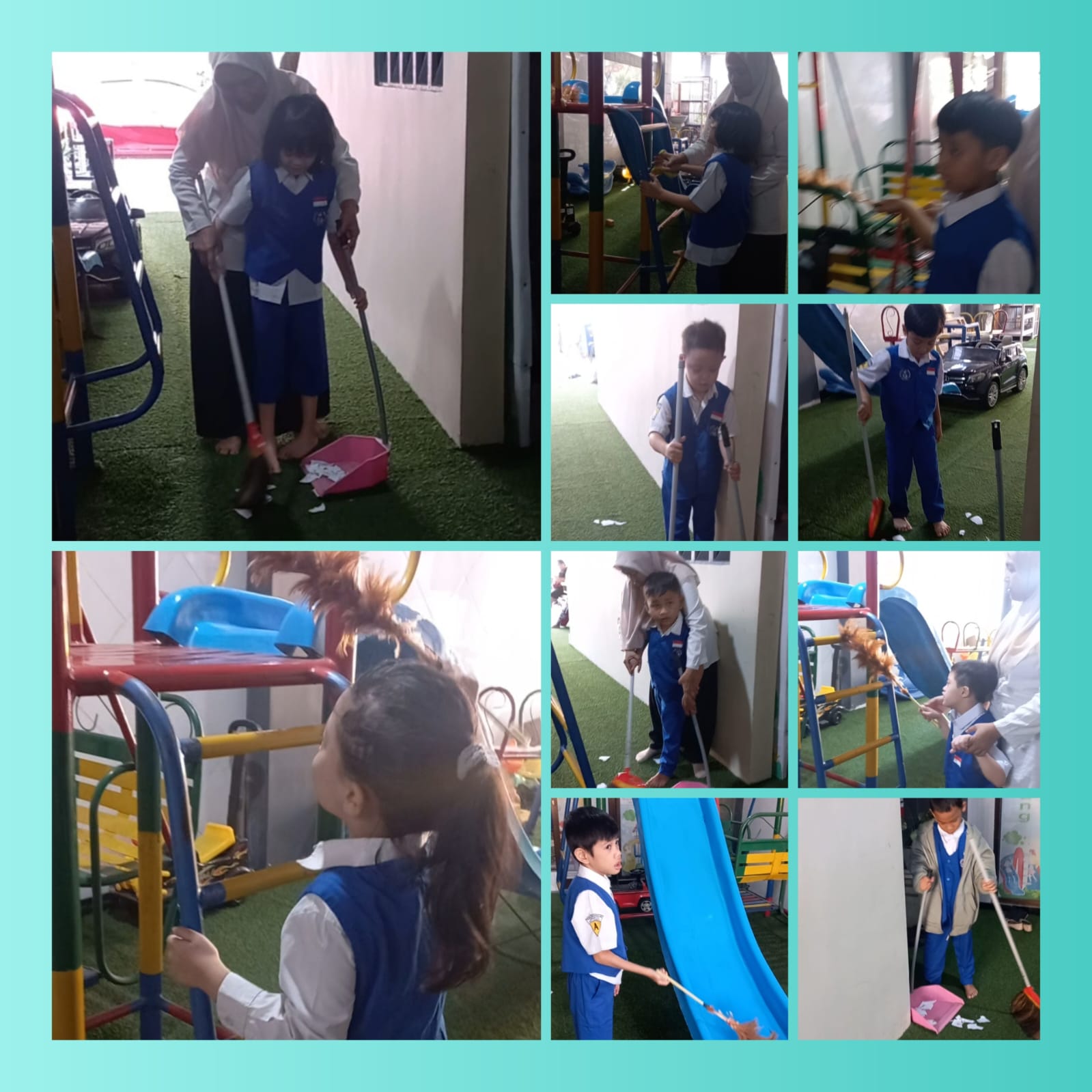 <p>Membersihkan halaman sekolah</p>