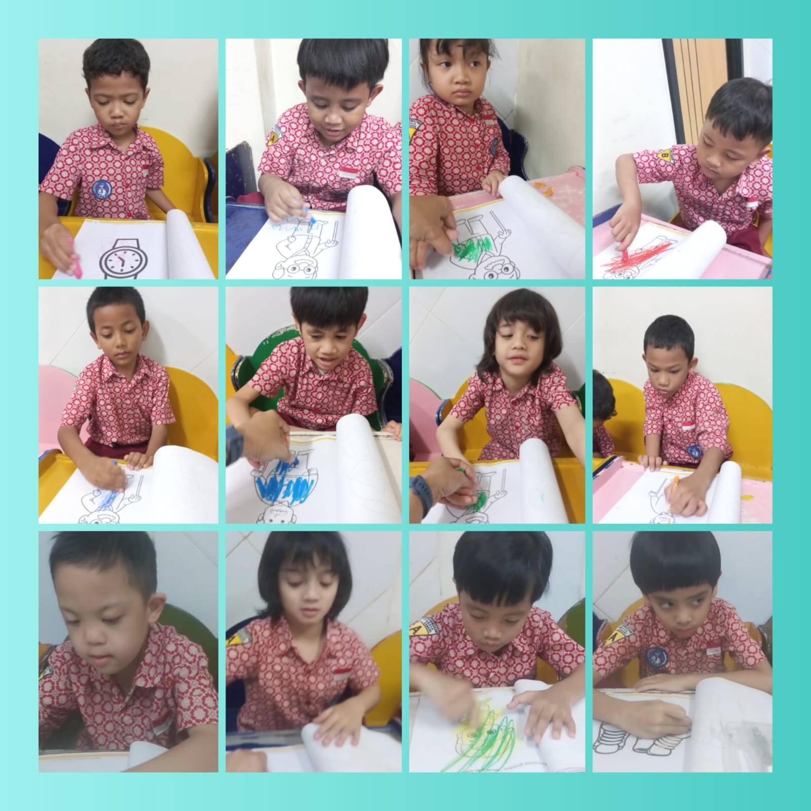 <p>Mewarnai gambar sederhana dengan media crayon</p>