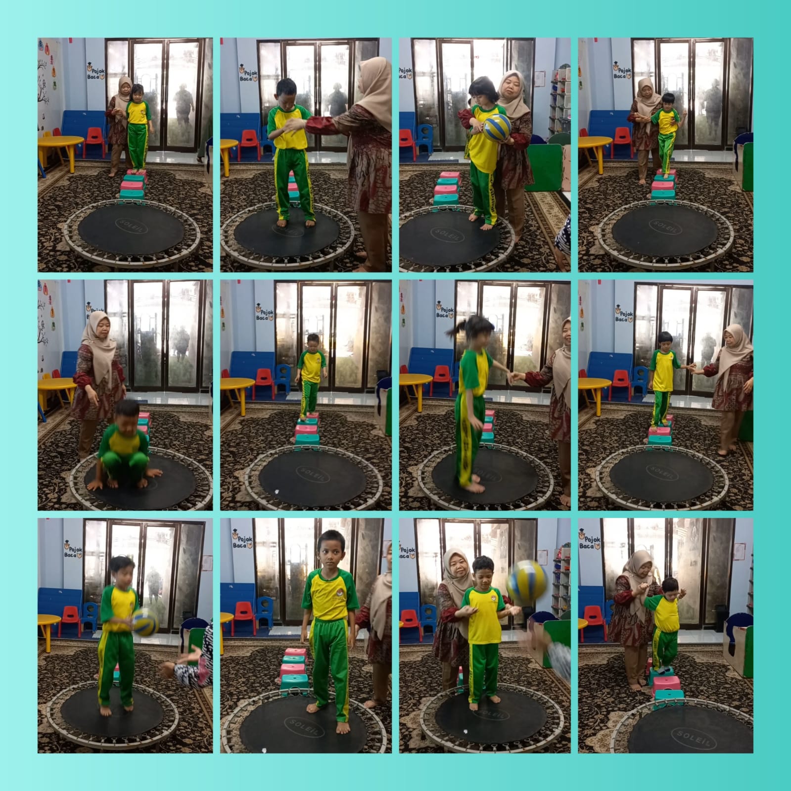 <p>Naik dingklik, lompat di atas trampolin, lempar tangkap bola</p>