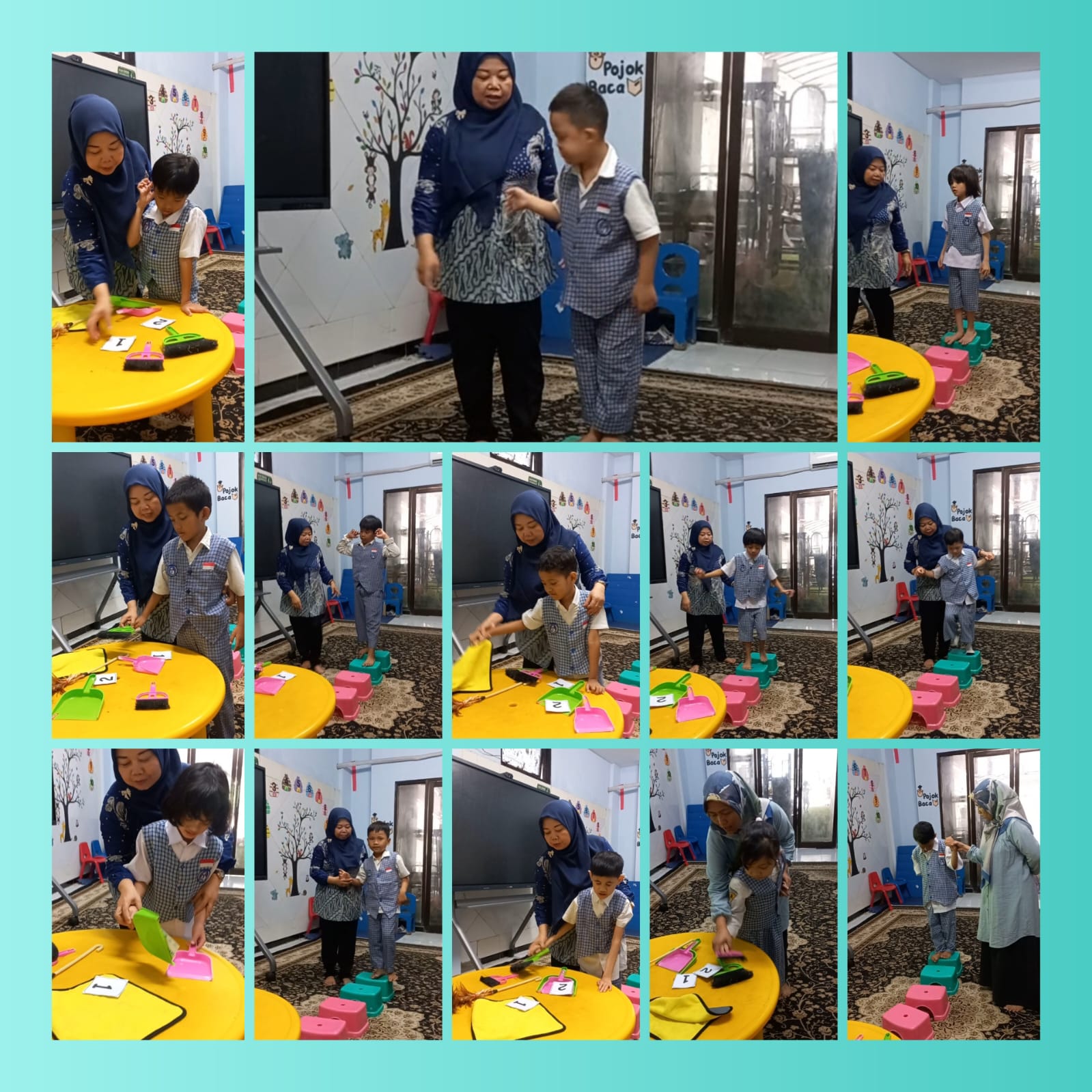 <p>Naik di atas dingklik kecil dan menghitung alat kebersihan</p>